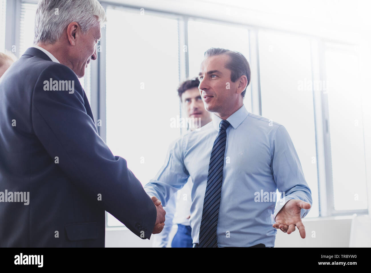 Happy business shaking hands in modern office Stock Photo