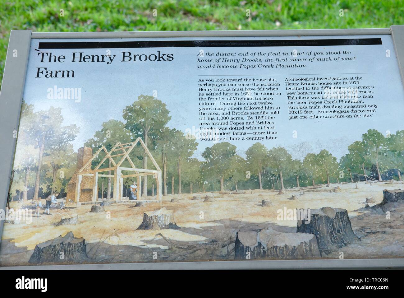 Henry Brooks Farm marker. George Washington Bitrthplace National Monument, Westmoreland County, VA, USA Stock Photo