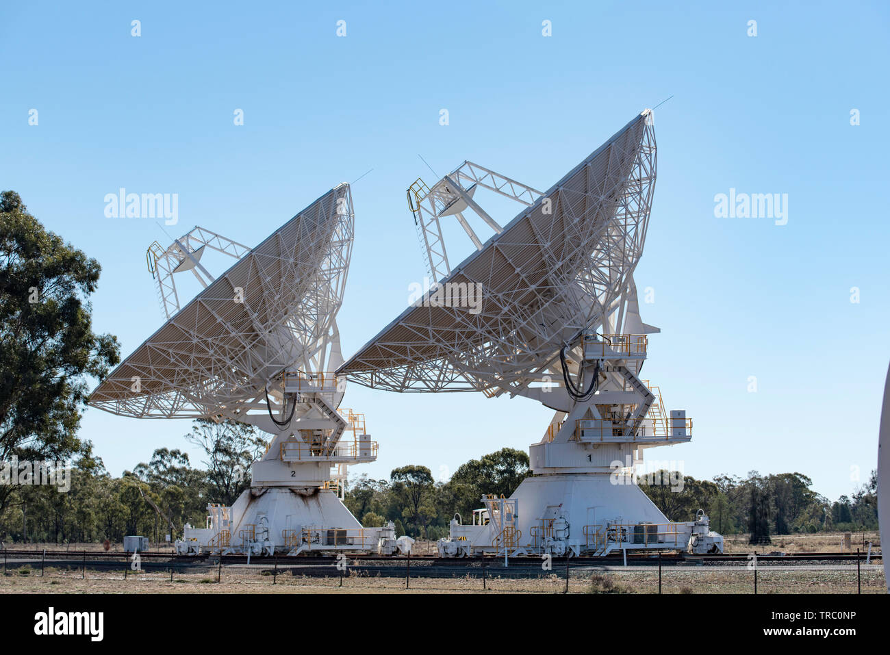 One of the six, rail track mounted telescopes at the Australian Telescope Compact Array, Paul Wild Observatory near Narrabri in NSW, Australia Stock Photo