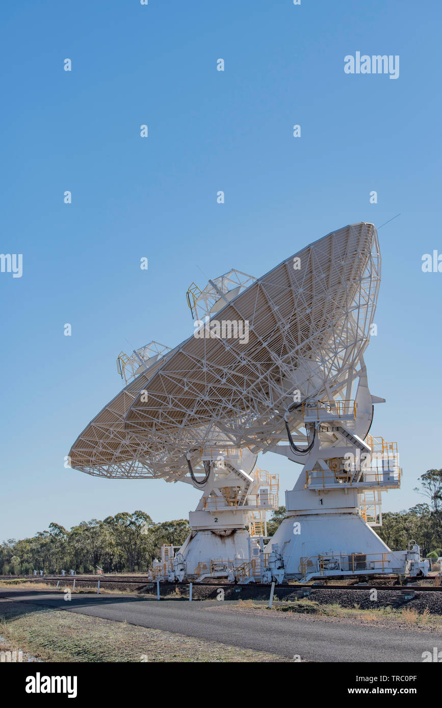 One of the six, rail track mounted telescopes at the Australian Telescope Compact Array, Paul Wild Observatory near Narrabri in NSW, Australia Stock Photo