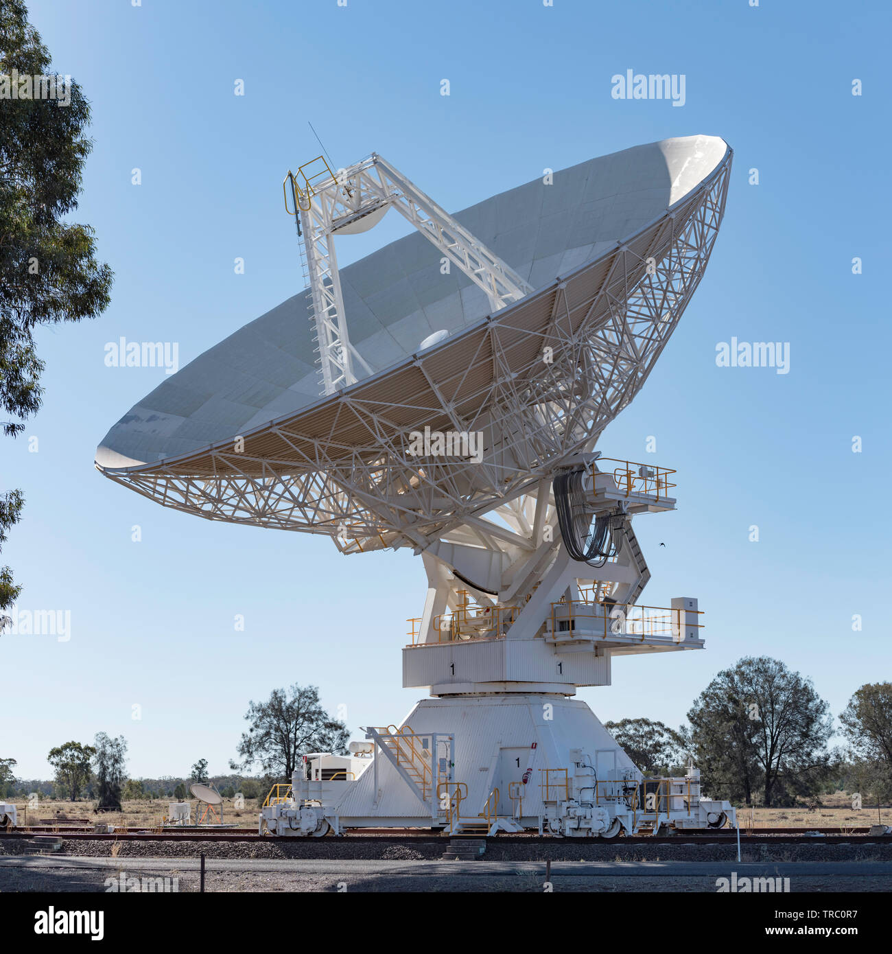 One of the six, rail track mounted telescopes at the Australian Telescope Compact Array, Paul Wild Observatory near Narrabri in NSW, Australia Stock Photo