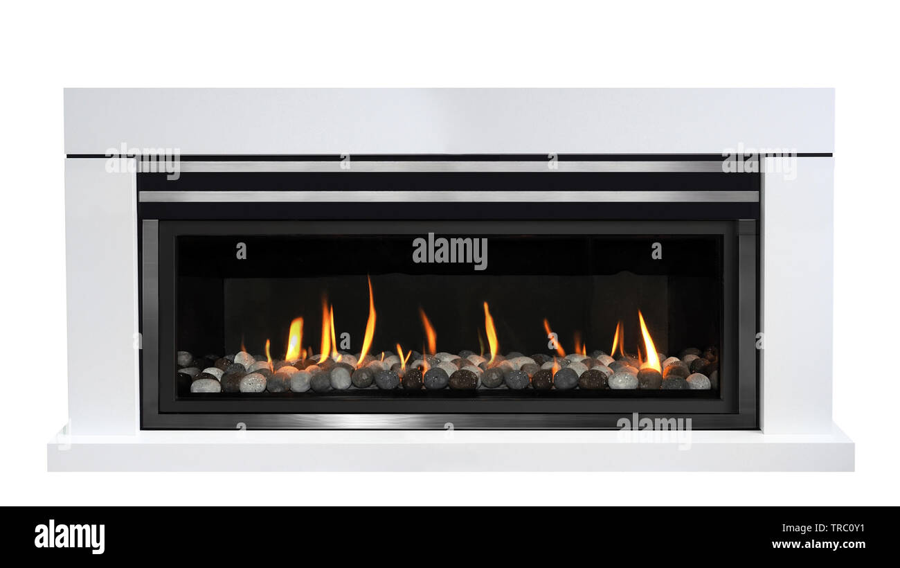 White gas fireplace isolated on white background Stock Photo Alamy