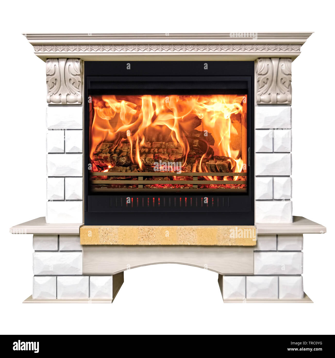 Classic burning fireplace isolated on white background Stock Photo - Alamy