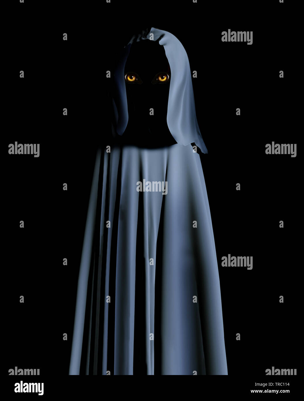 Spooky monster in hooded cloak with glowing yellow eyes. On black background. 3d render Stock Photo