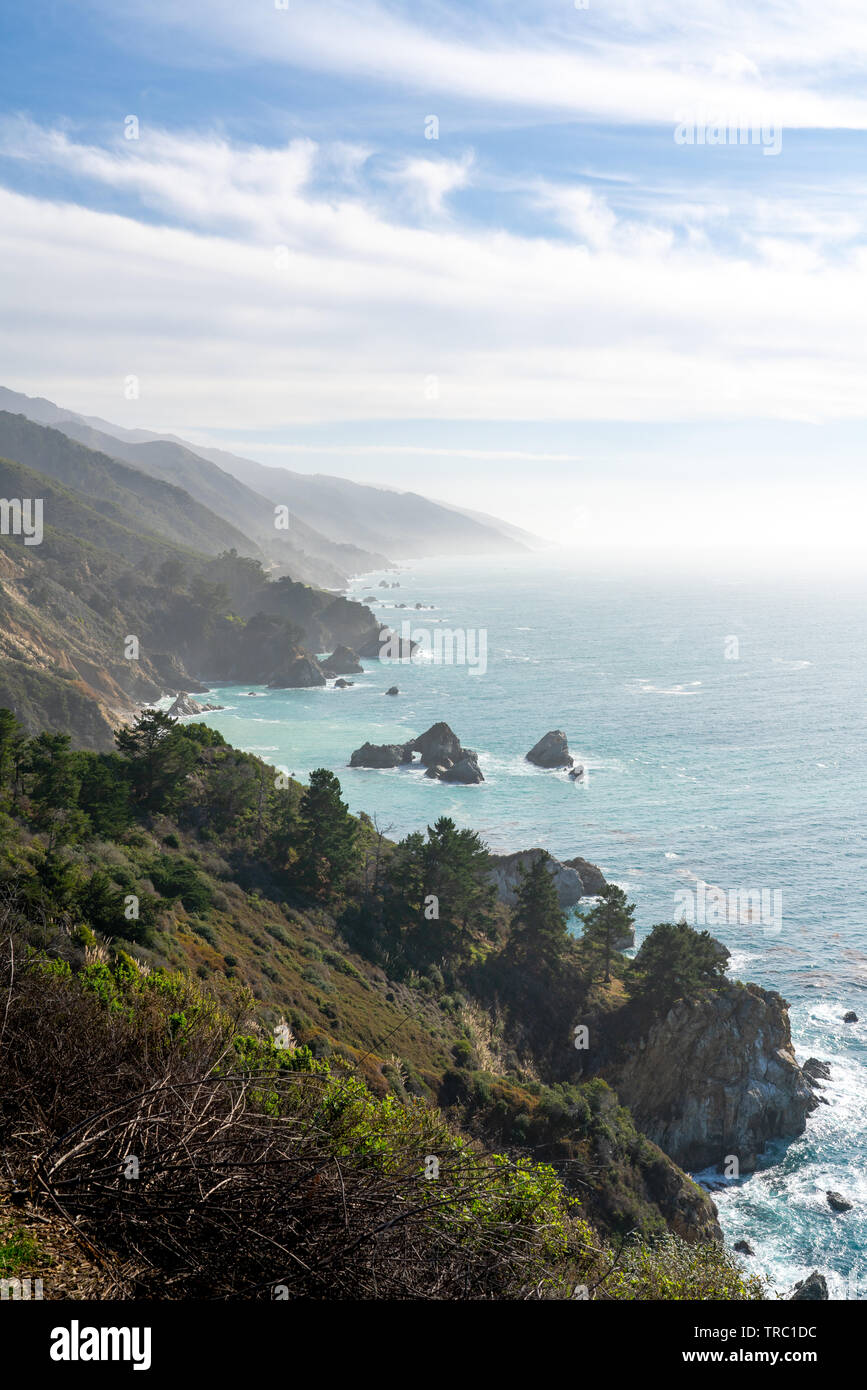 High overlook of the amazing Big Sur coastline along famous highway one ...