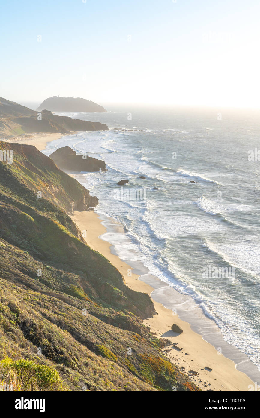 High overlook of the amazing Big Sur coastline along famous highway one ...