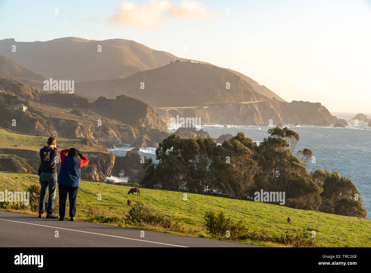 Couple takes picture of the Bixby Bridge on the side of a road in Big Sur, California. Stock Photo