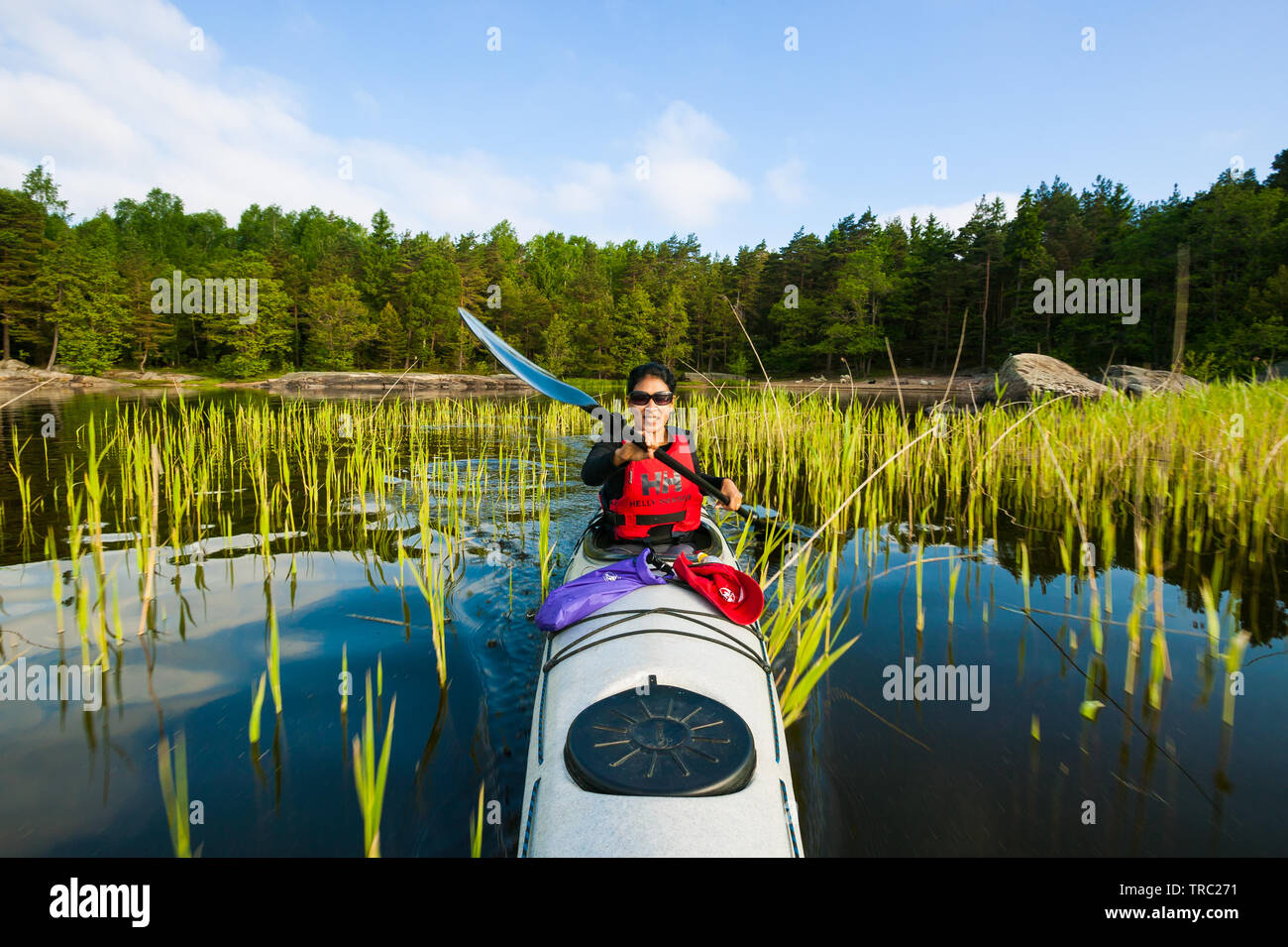 Outdoor photographer Zizza Gordon paddling in a kayak in the lake Vansjø, Østfold, Norway. The lake Vansjø is the largest lake in Østfold. Vansjø and its surrounding lakes and rivers are a part of the water system called Morsavassdraget. June, 2010. Stock Photo
