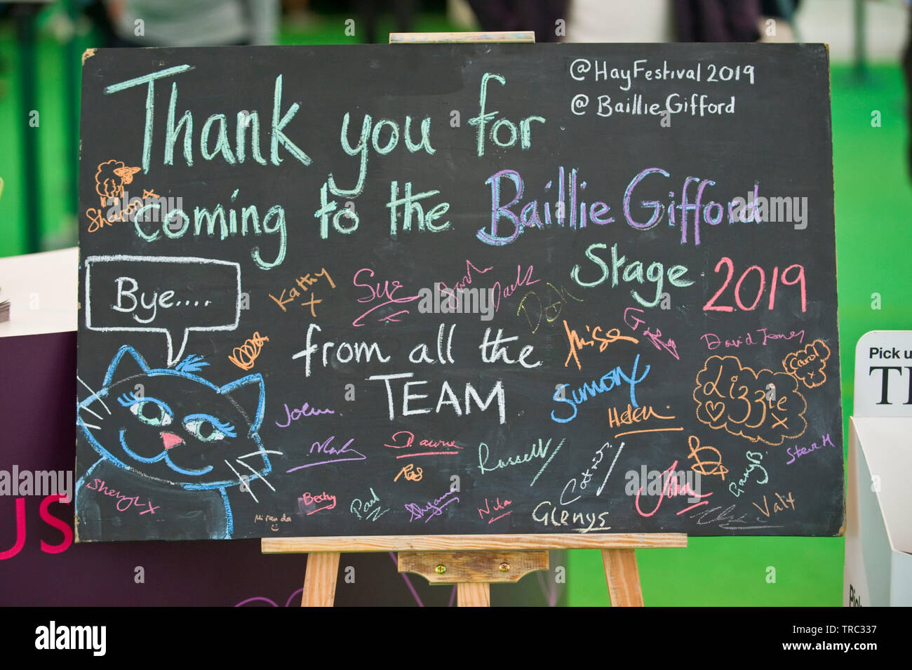 Chalkboard goodbye from the main stage team at Hay Festival Hay on Wye Powys Wales UK Stock Photo