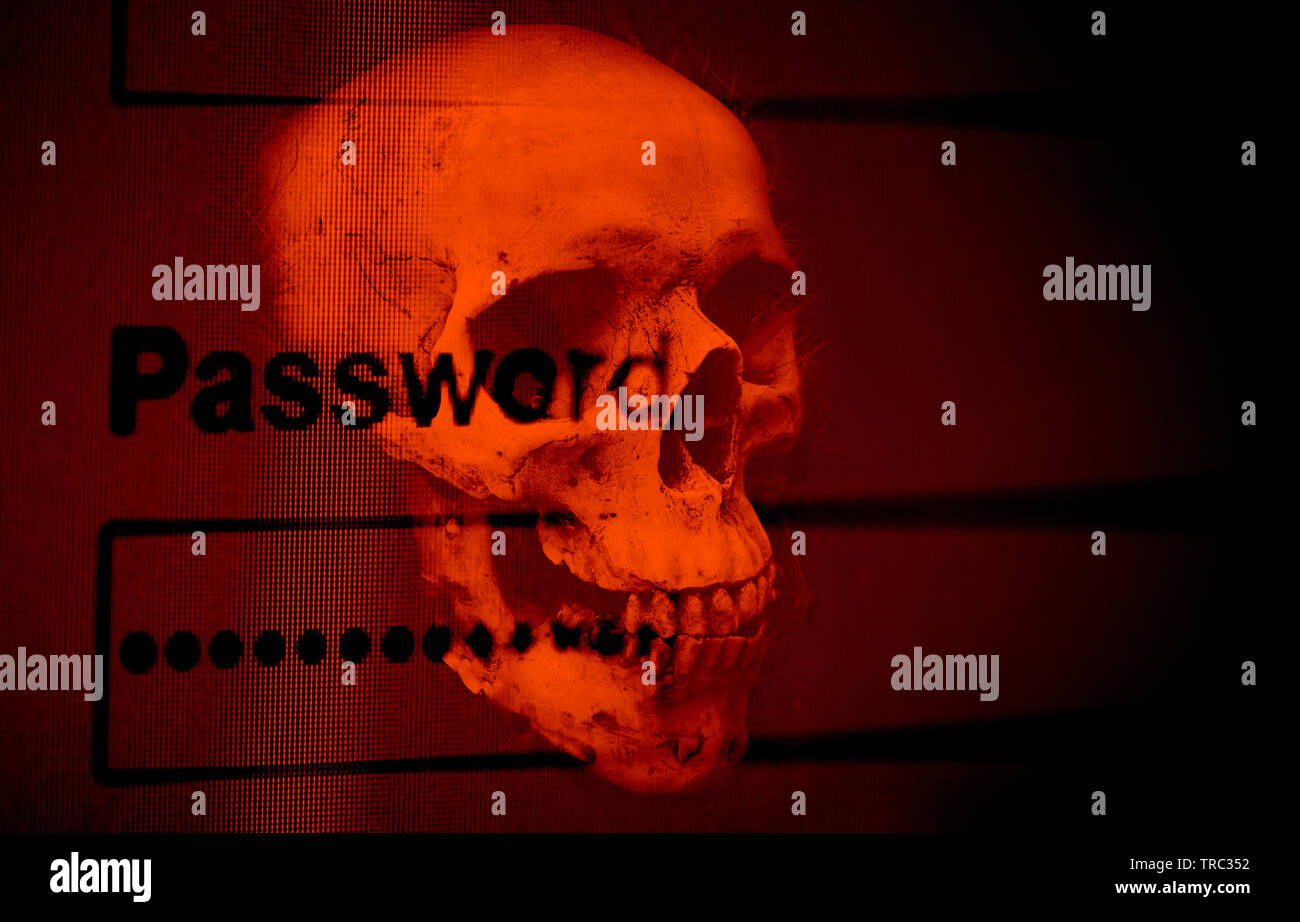 Password security cyber thief protection verification data system / Password box on internet browser on computer screen and human skull background - s Stock Photo