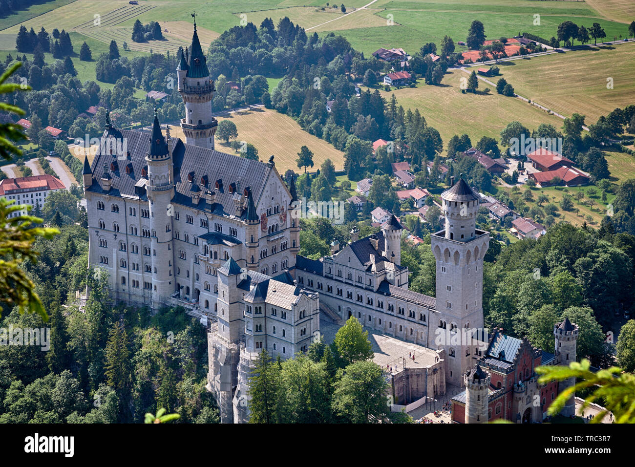 The Neuschwanstein Castle in Schwangau, Bavaria in Germany. Ostallgäu. Allgäu Alps. High angle. Stock Photo