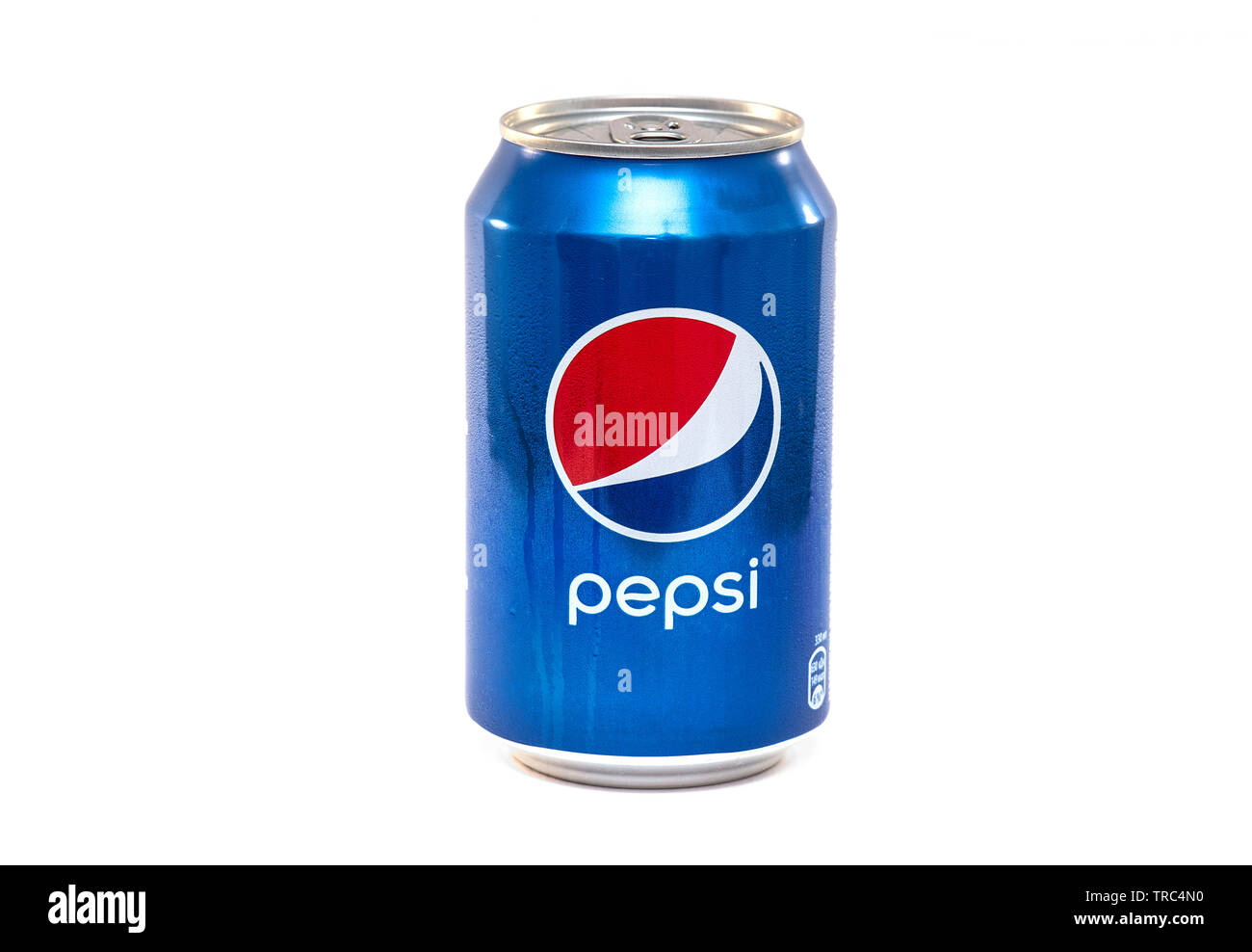 BERLIN - JUN 03: Wet Can of Pepsi or Pepsi Cola Beverage isolated on white Background in Berlin on June 03. 2019 in Germany Stock Photo