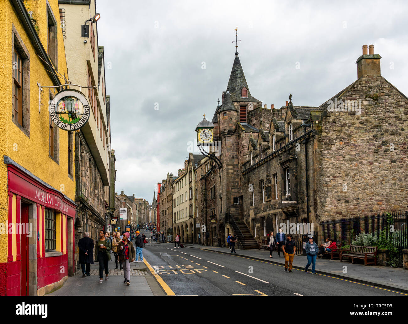 View of Canongate on the Royal Mile at Museum of Edinburgh and tollbooth in Edinburgh Old Town, Scotland, UK Stock Photo