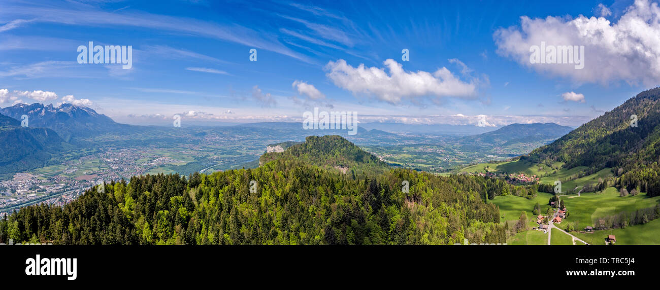 panoramas from Le Mole in the French Pre Alps looking down toward the Arve river valley and Geneva, Switzerland in the distan Stock Photo