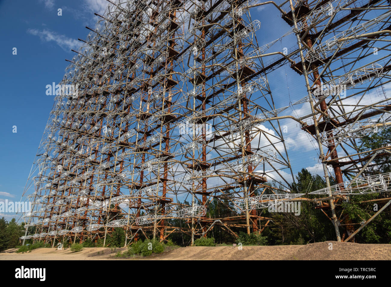 Ground view of Antenna of Soviet OTH-Radar Duga, known as Chernobyl-2,  Chernobyl Exclusion Zone, Ukraine Stock Photo
