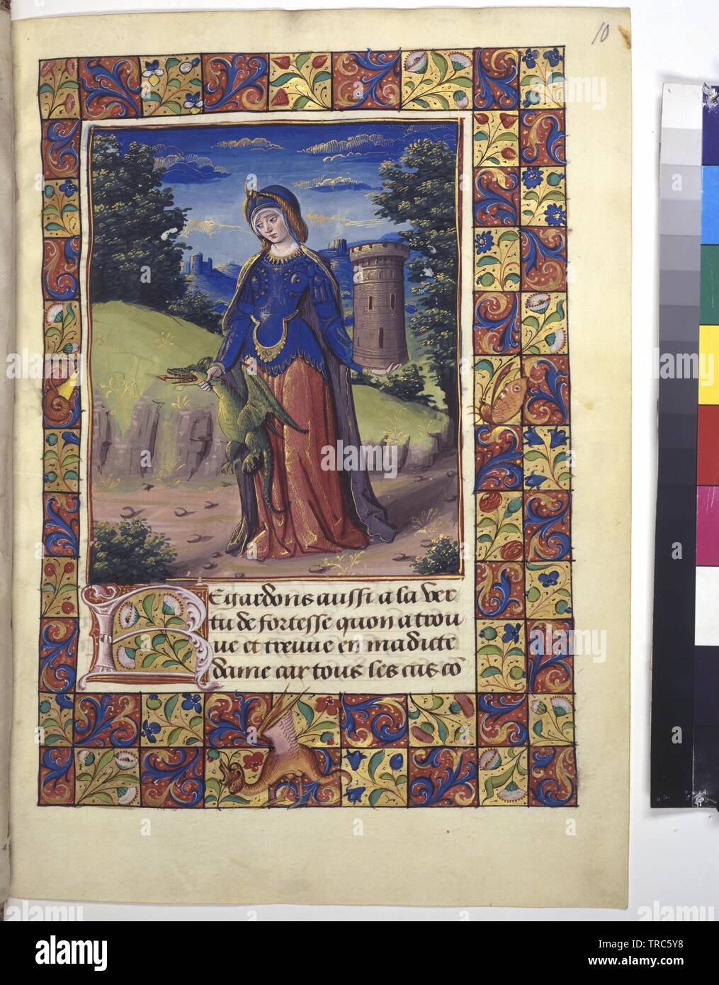 full page: framing miniature (Fortitudo = female figure with cuirass, of a little kite retentively), at the bottom text with covering colour initial, anything framing, Additional-Rights-Clearance-Info-Not-Available Stock Photo