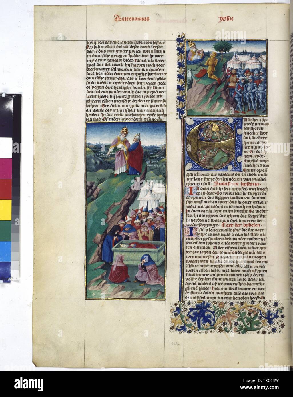 full page: text, covering colour initial with decorative stick, full page: text, covering colour initial with decorative stick and two miniatures (on the peak Nebo showing God Moses the vowed Land.- The funerary of the Moses), , Additional-Rights-Clearance-Info-Not-Available Stock Photo