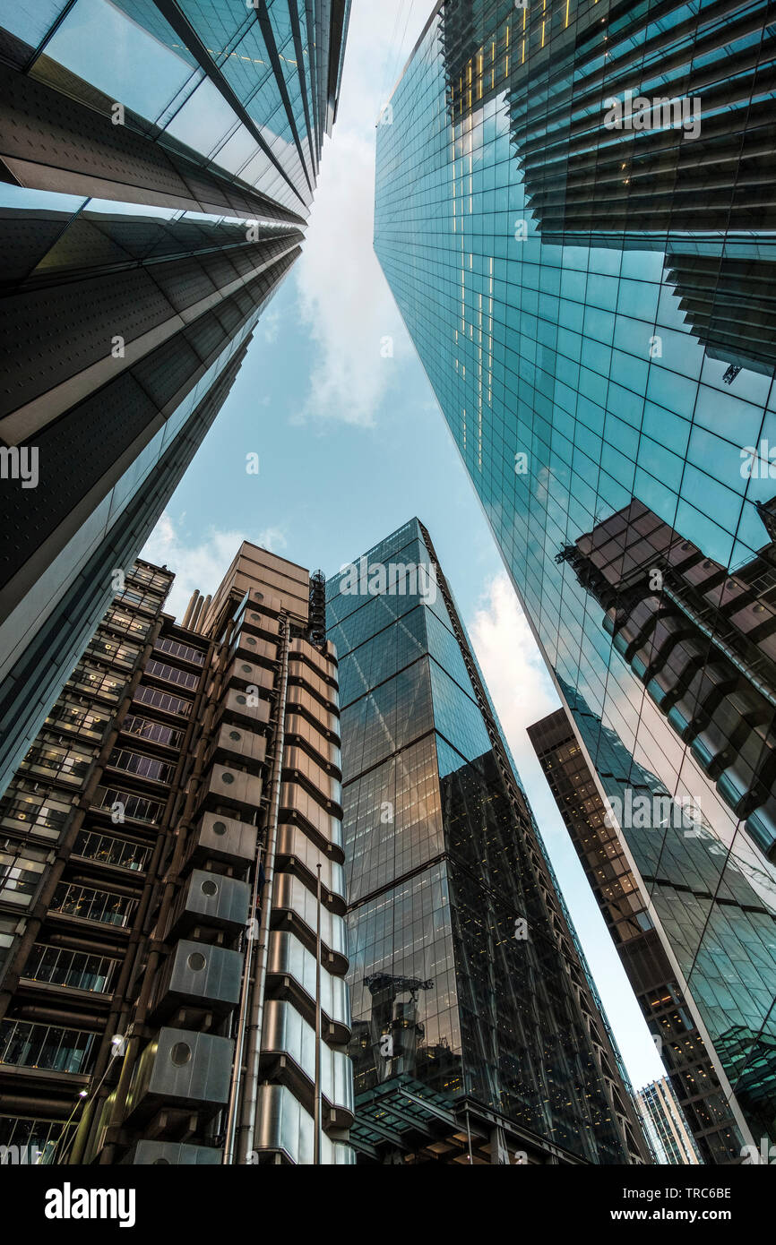 Looking up-modern skyscrapers in the Financial district, The City of London, England Stock Photo