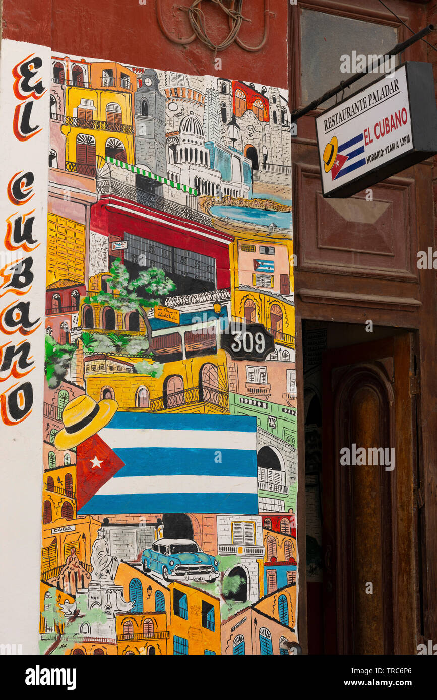 Artwork at the entrance to the El Cubano Restaurant at Murallo No.309,  Old Town, Havana, Cuba, Caribbean Stock Photo