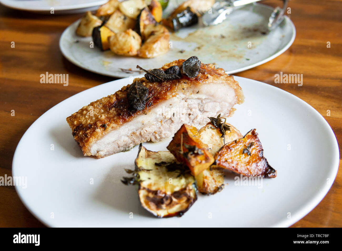 Delicious Pork Belly and crackle with sage and roasted zucchini