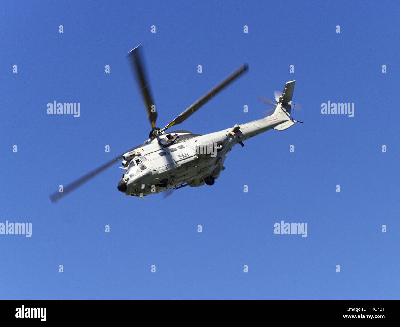 Seville, Spain; May 31st, 2019: AS332 Super Puma helicopter from 48 wing of spanish air force in military exhibition on the occasion of the day of the Stock Photo