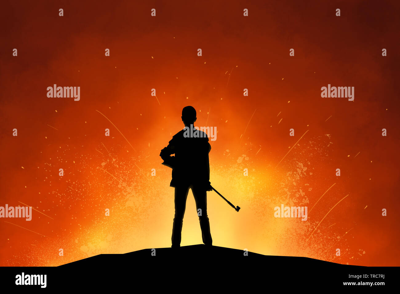 Dark silhouette of female soldier with rifle in front of explosion fire. Armed woman warrior posing while blast detonation behind her Stock Photo