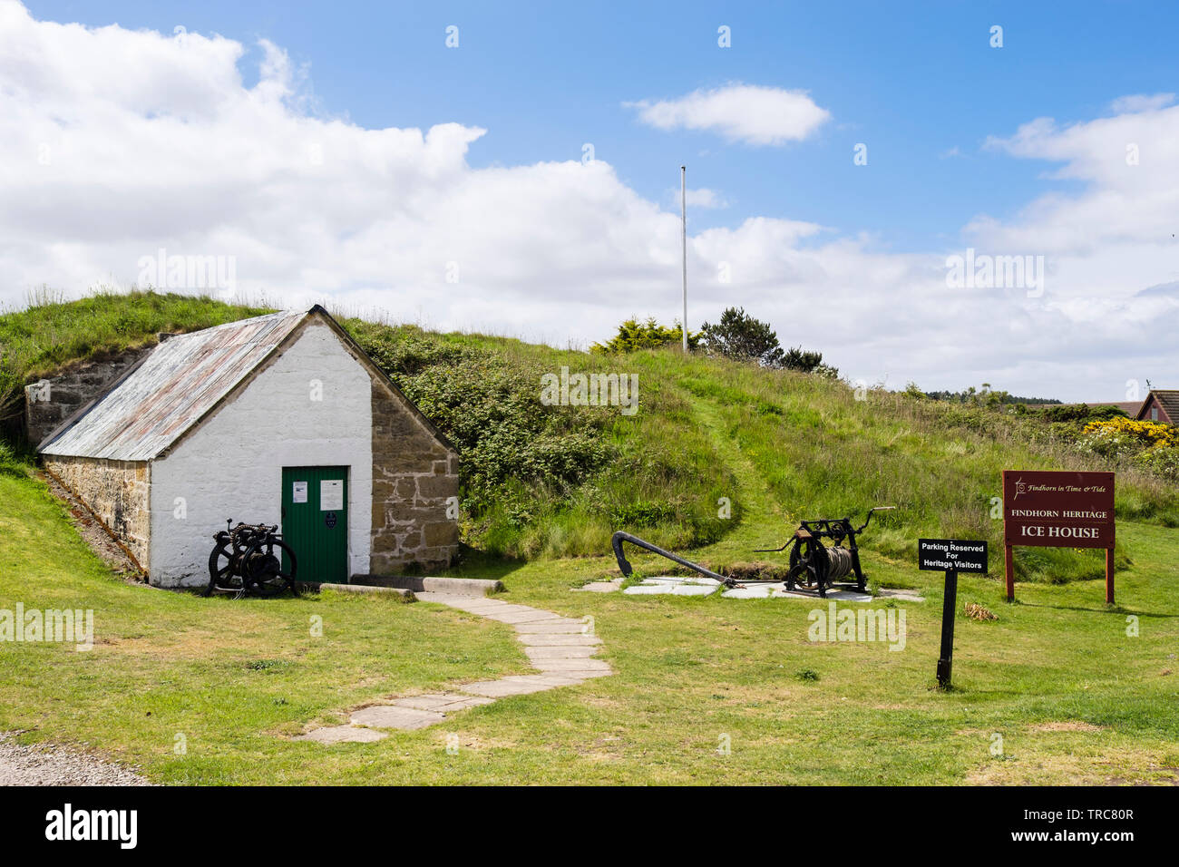 Heritage Centre Ice House and sign in village of Findhorn, Moray