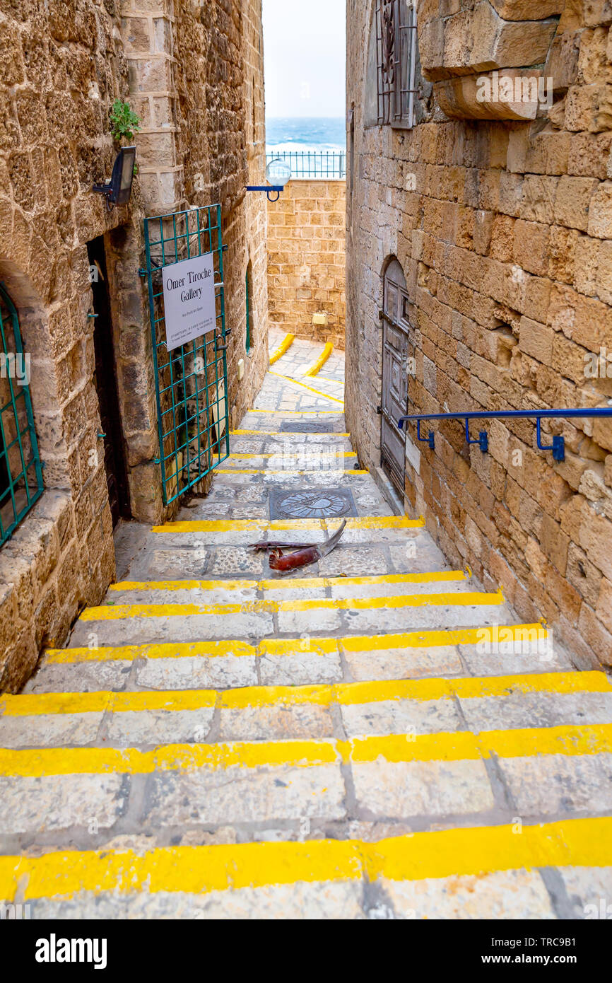 Narrow streets in old town of Tel Aviv, Israel Stock Photo