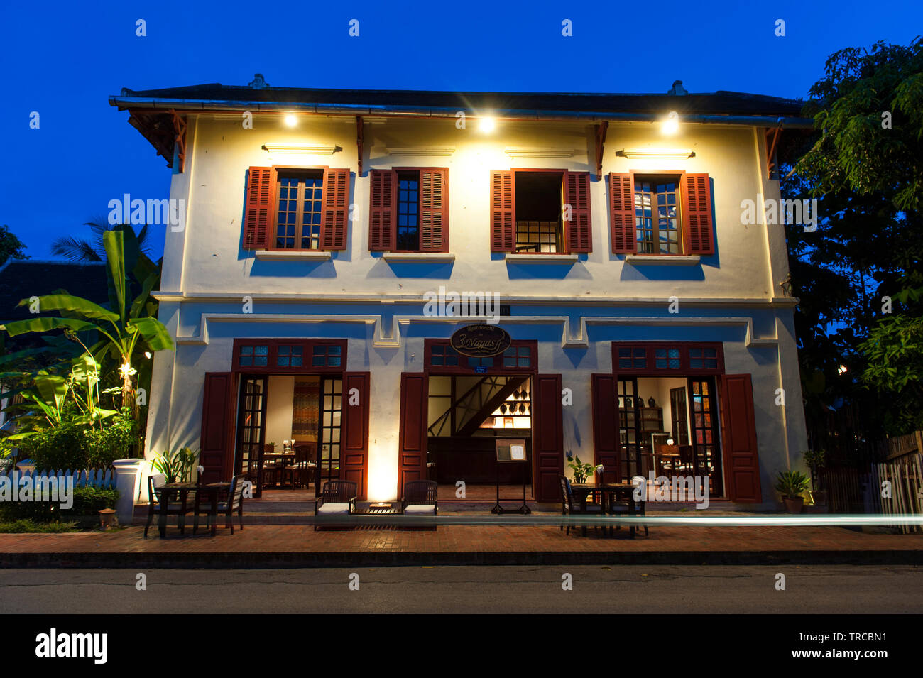 Exterior of the 3 Nagas Restaurant in Luang Prabang, a town with World Heritage status for its colonial era architecture, in the Lao PDR. Stock Photo