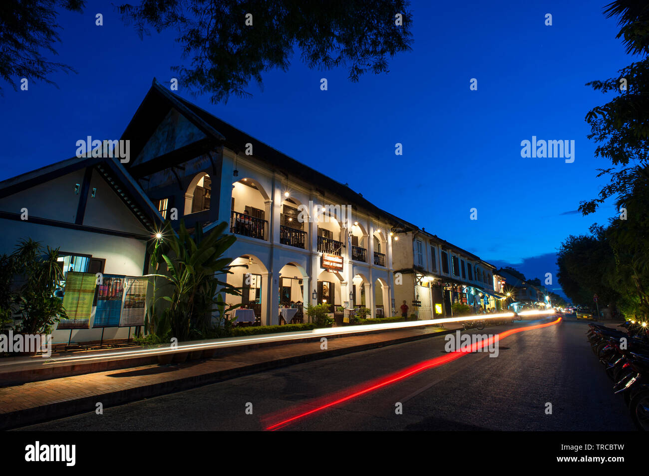 Exterior of the 3 Nagas Restaurant in Luang Prabang, a town with World Heritage status for its colonial era architecture, in the Lao PDR. Stock Photo