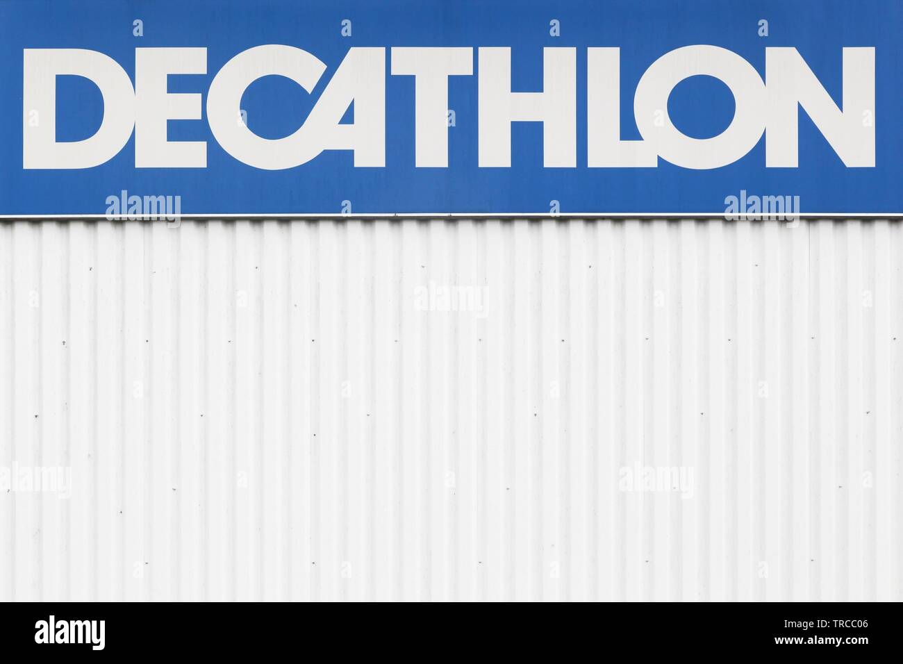 Villefranche, France - October 23, 2016:Decathlon sign on a wall. Decathlon is a french company and one of the world's largest sporting goods retailer Stock Photo