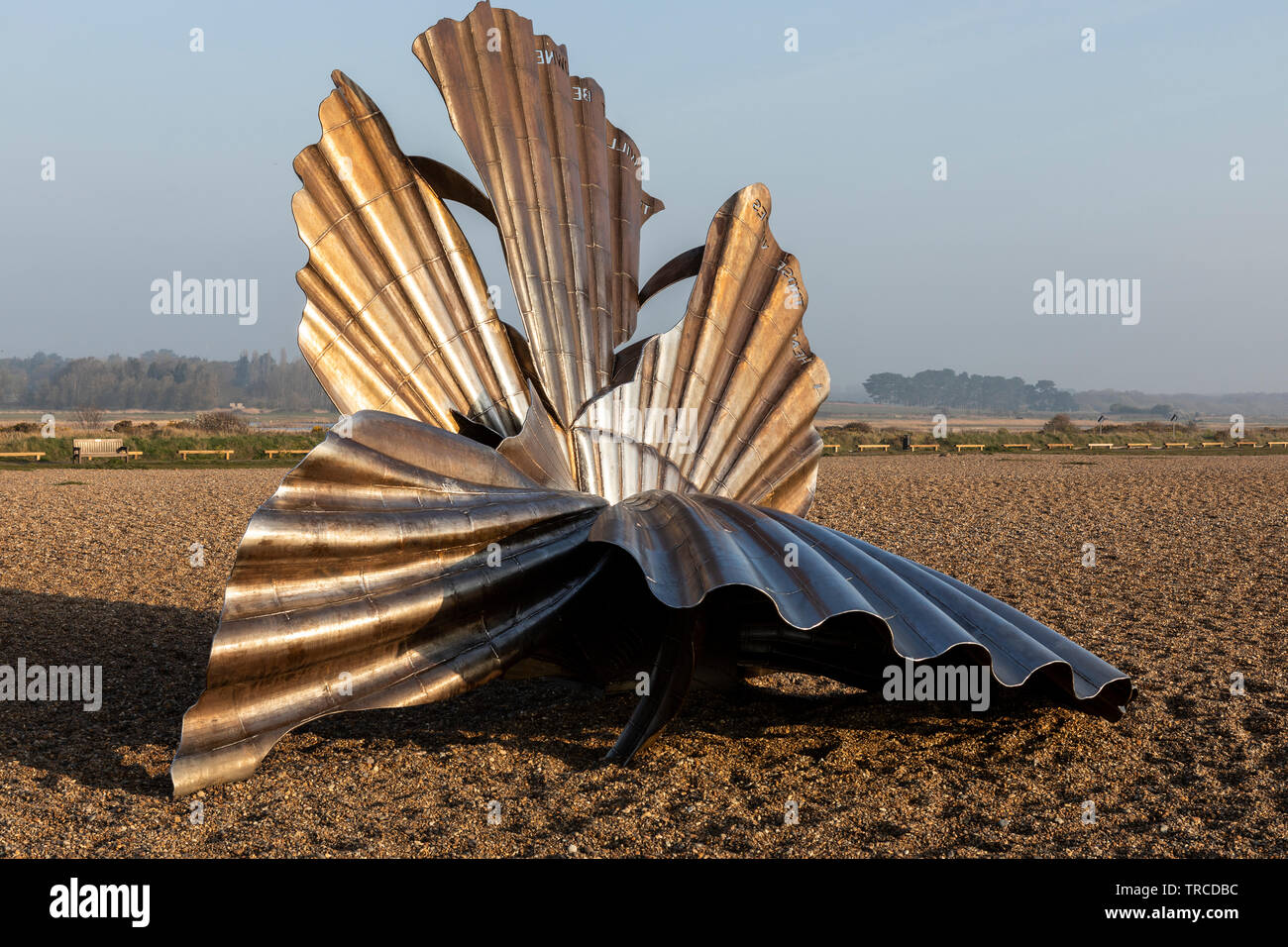 Scallop shell sculpture dedicated to composer Benjamin Britten on the beach at Aldeburgh, Suffolk. Stock Photo