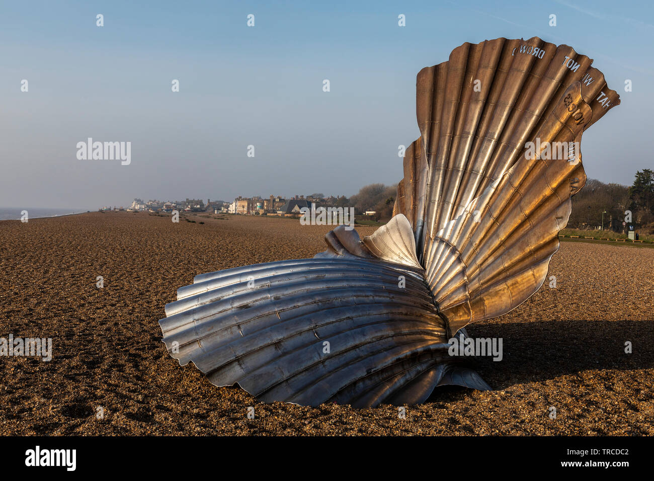 Scallop shell sculpture dedicated to composer Benjamin Britten on the beach at Aldeburgh, Suffolk. Stock Photo