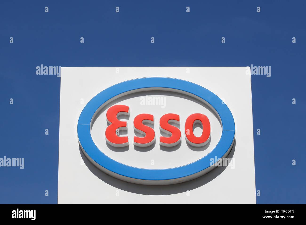 Lyon, France - September 25, 2015: Esso logo on a gas station.Esso is an international trade name for ExxonMobil Stock Photo