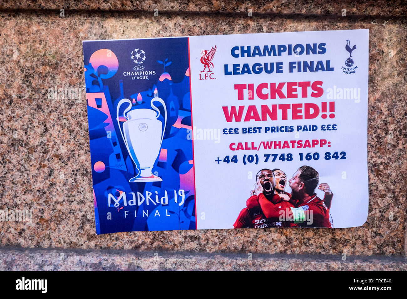 European Champions League,final,tickets,wanted,Madrid,2019,Tottenham,L.F.C.,Liverpool,Merseyside,England,GB,UK,Great Britain,British Stock Photo