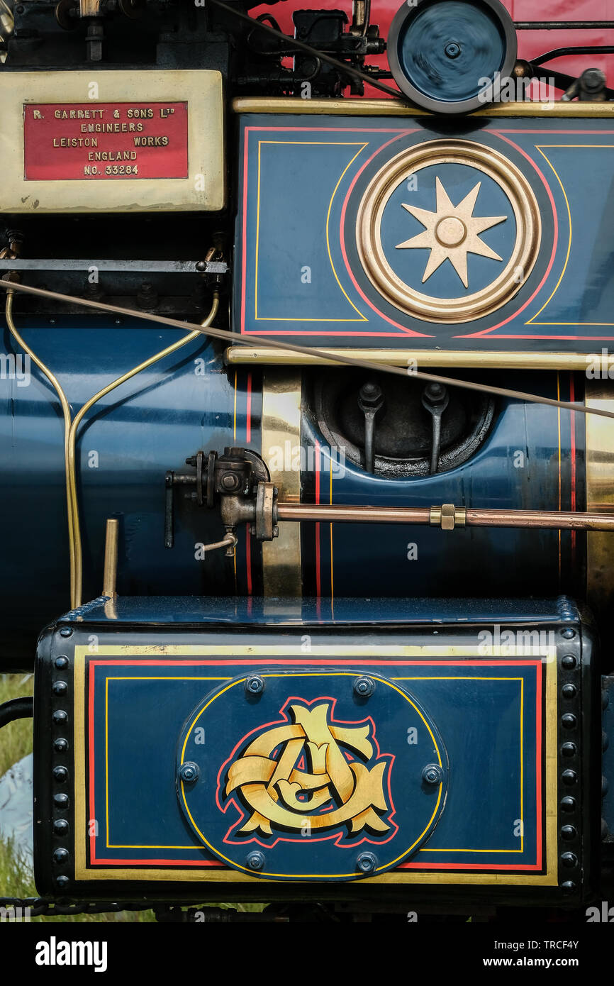 Side view of a blue, vintage steam traction engine Stock Photo