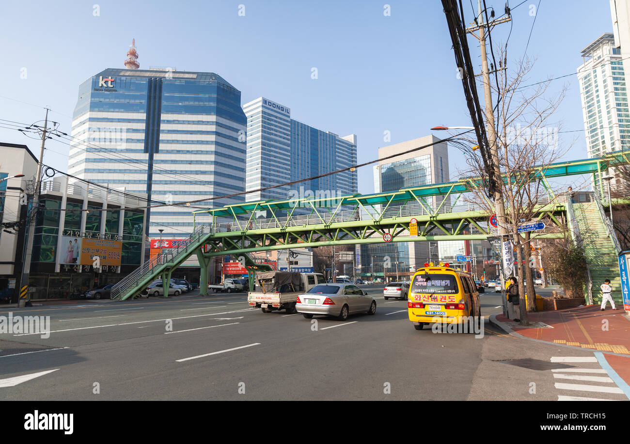 Busan, South Korea - March 12, 2018: Cityscape of Busan, street view with cars and ordinary people Stock Photo