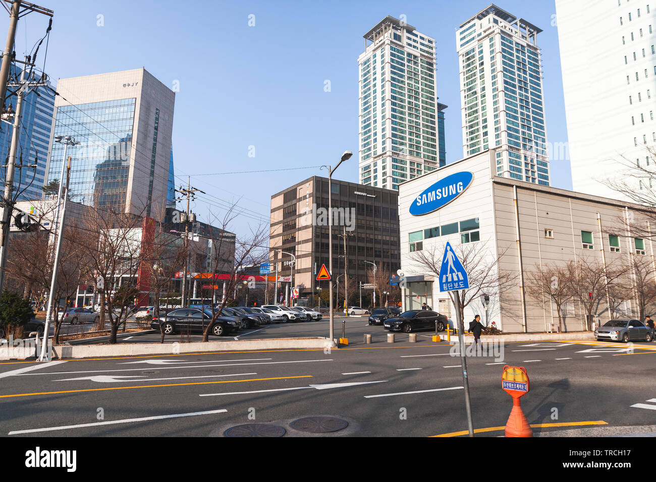 Busan, South Korea - March 12, 2018: Busan city, street view with cars and walking ordinary people Stock Photo