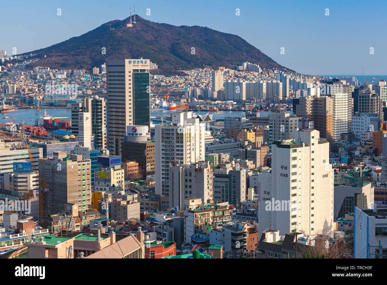 Busan, South Korea March 22, 2018 Landscape of Busan city, bird eye