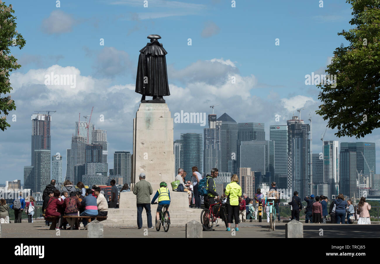 London England UK. Canary Wharf and statue of General Wolfe of Quebec photographed in Greenwich Park t London. May 2019 Stock Photo