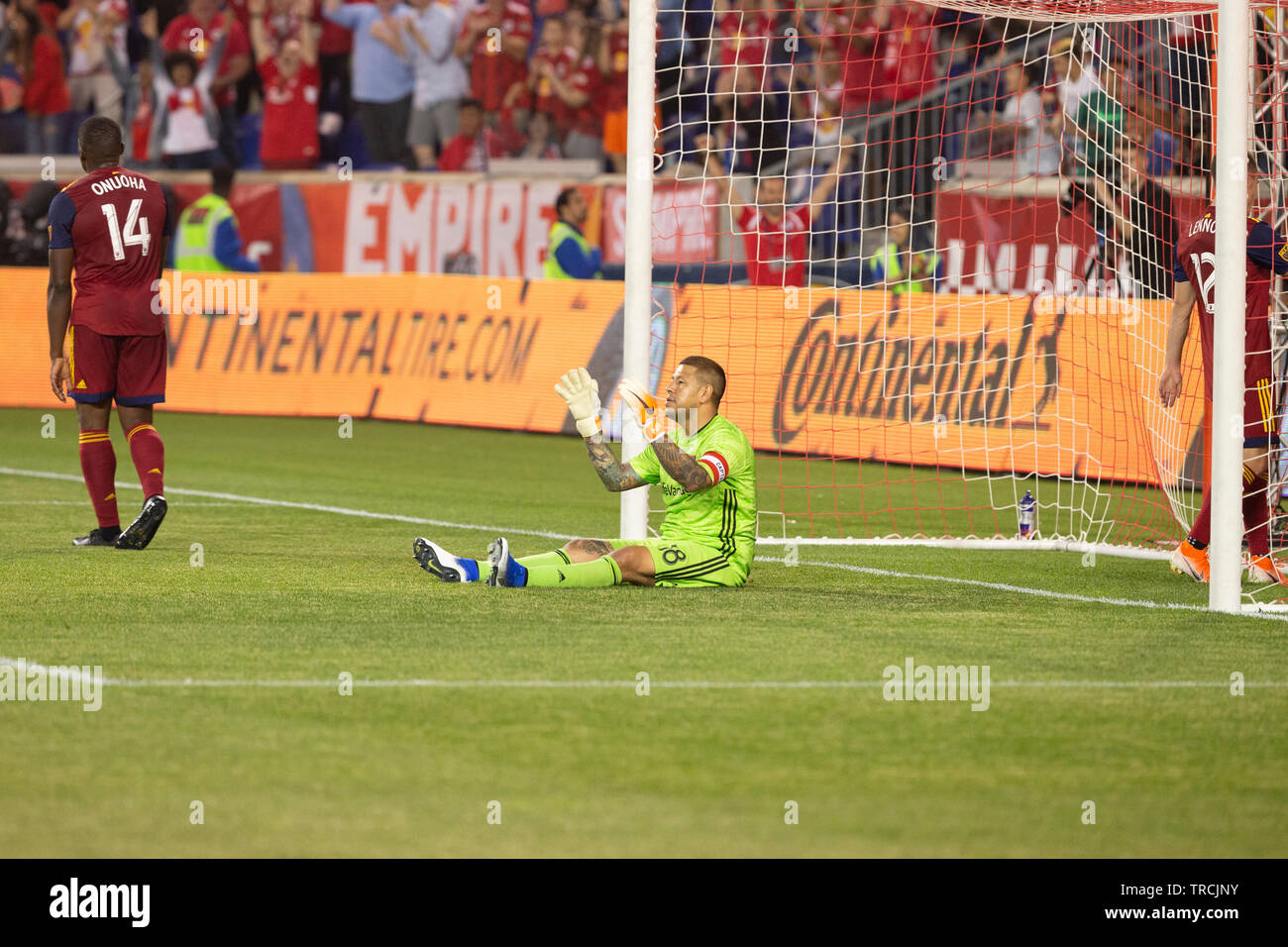 Harrison, NJ - June 1, 2019: Goalkeeper Nick Rimando (18) reacts after allowing goal during regular MLS game against Red Bulls on Red Bull Arena Red Bulls won 4 - 0 Stock Photo