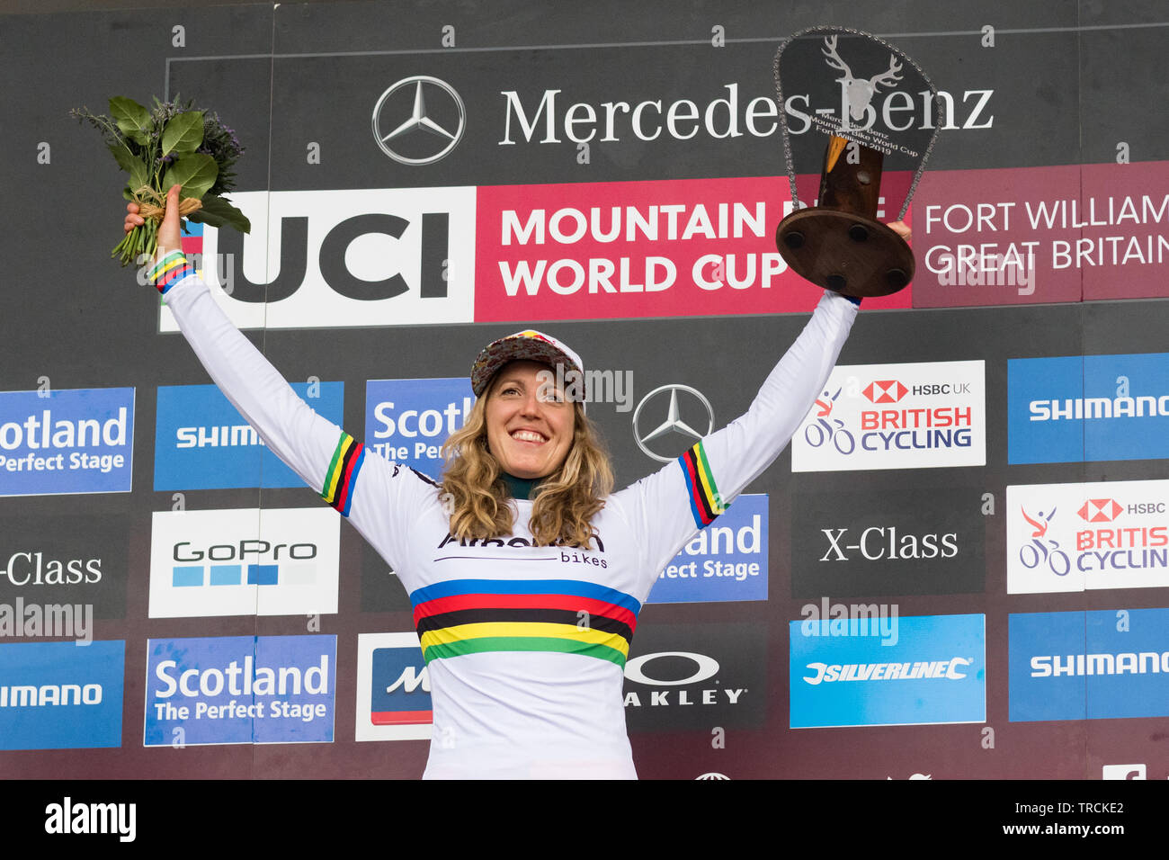 Rachel Atherton celebrating winning the UCI Mountain Bike World Cup second round in Fort William, Scotland, UK Stock Photo