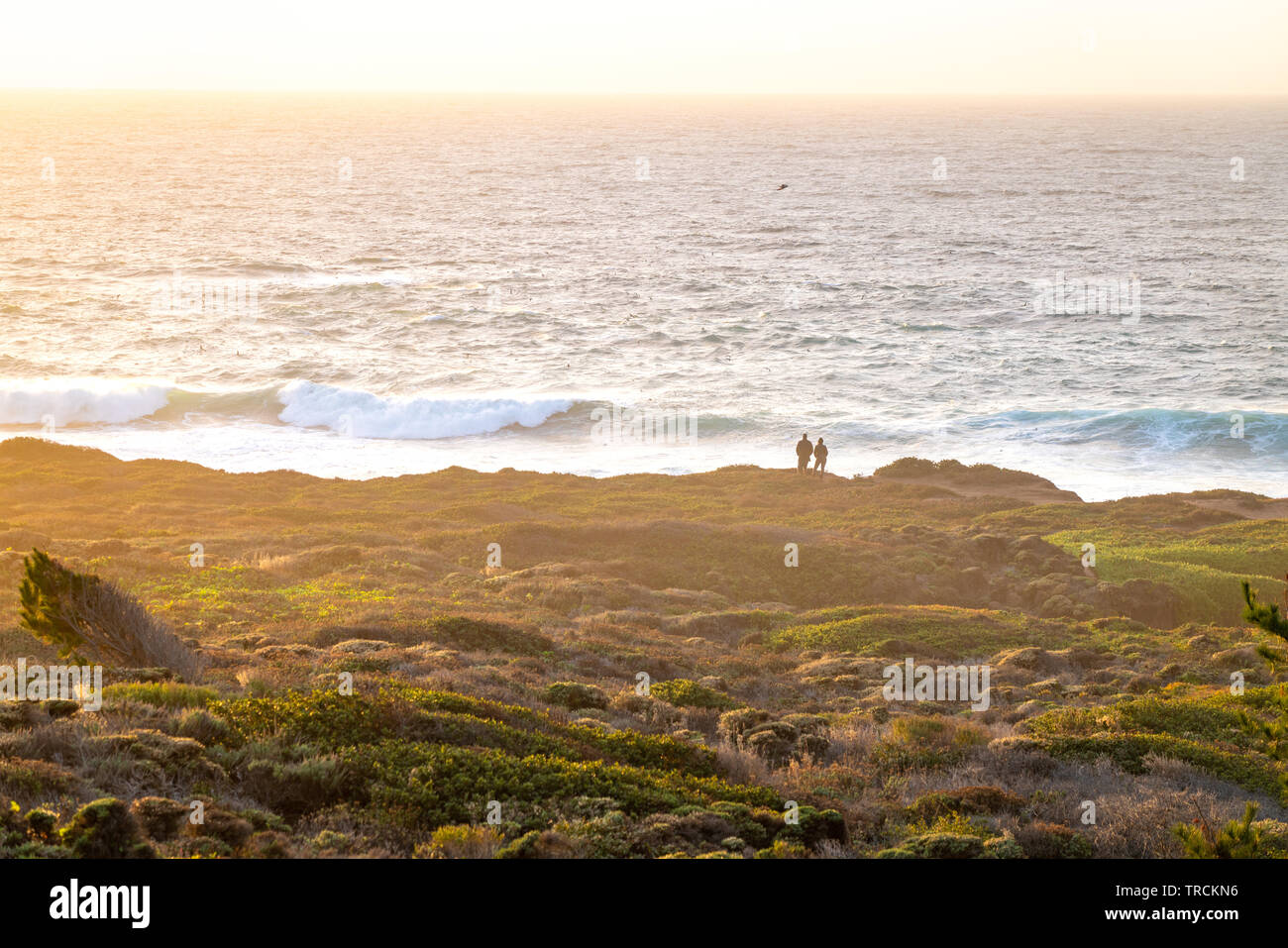 Happy couple enjoying the sunset with an amazing Pacific Ocean view of Big Sur, California coastline from a cliff. Stock Photo