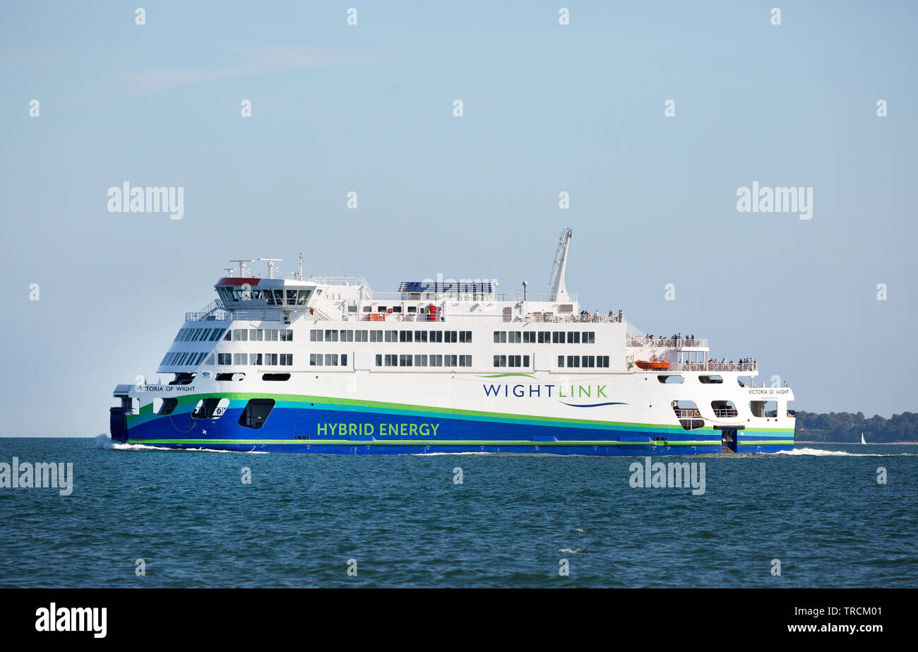 Victoria of Wight, the Wight Link ferry from Portsmouth-Fishbourne, that uses hybrid technology to make it more environmentally friendly Stock Photo