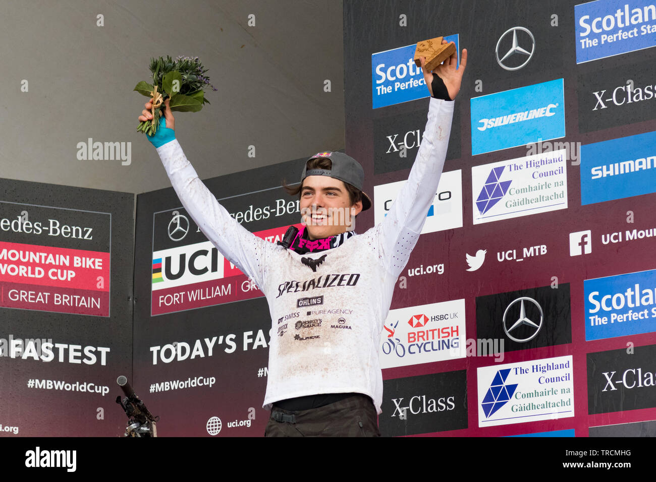 Finn Iles celebrating 4th place at the UCI Mountain Bike World Cup 2019, Fort William, Scotland, UK Stock Photo
