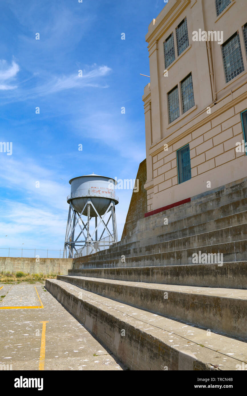 Graffiti on water tower & rec yard, Alcatraz, San Francisco, California Stock Photo