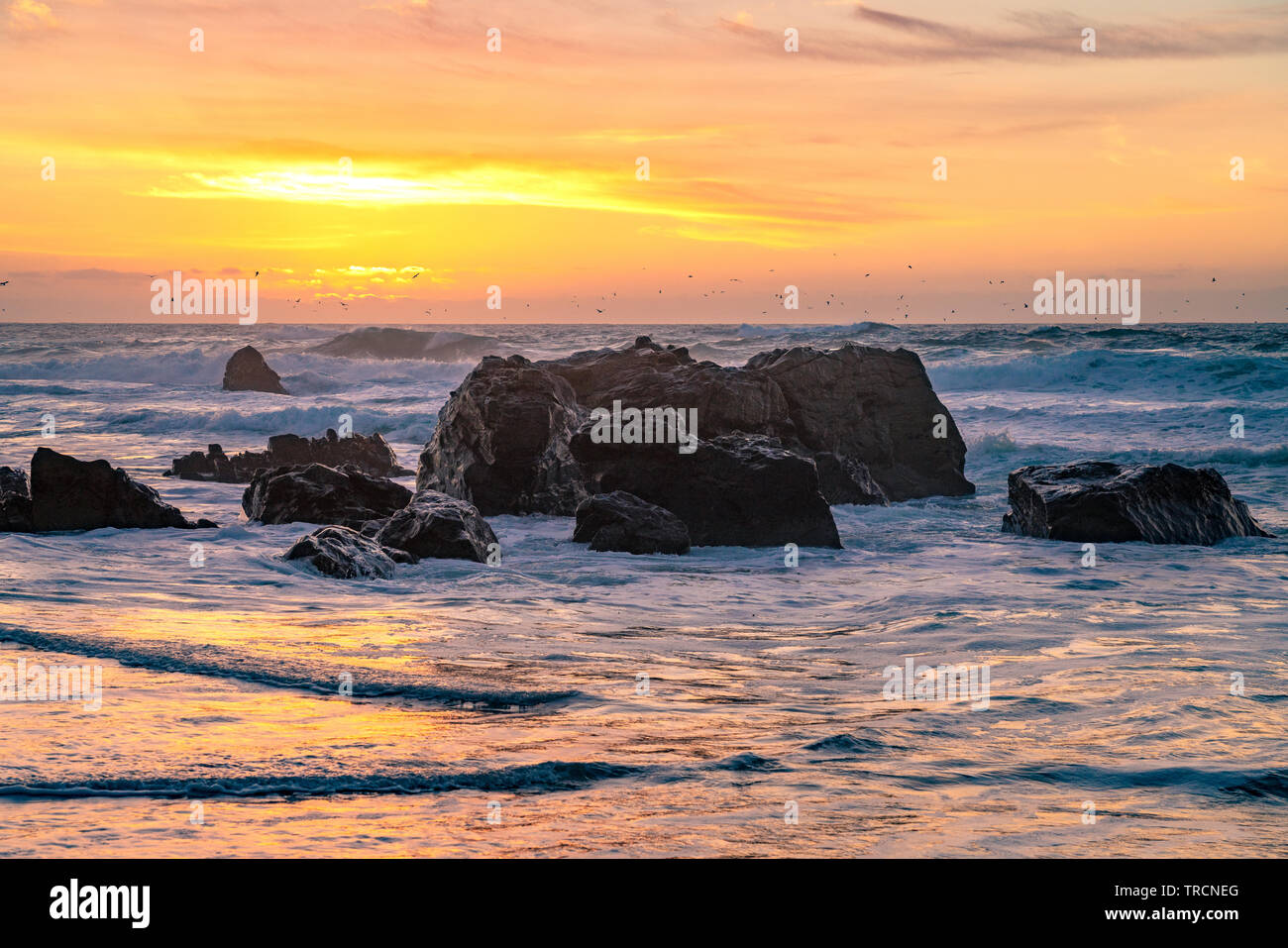 Big Sur, California - Beautiful sunset on a California beach with large waves crashing over rocks and a flock birds flying in the distance. Stock Photo