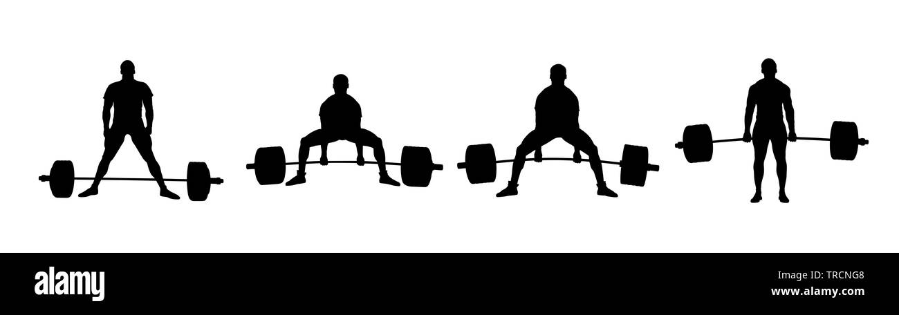 set powerlifting athlete powerlifter exercise deadlift black silhouette Stock Photo