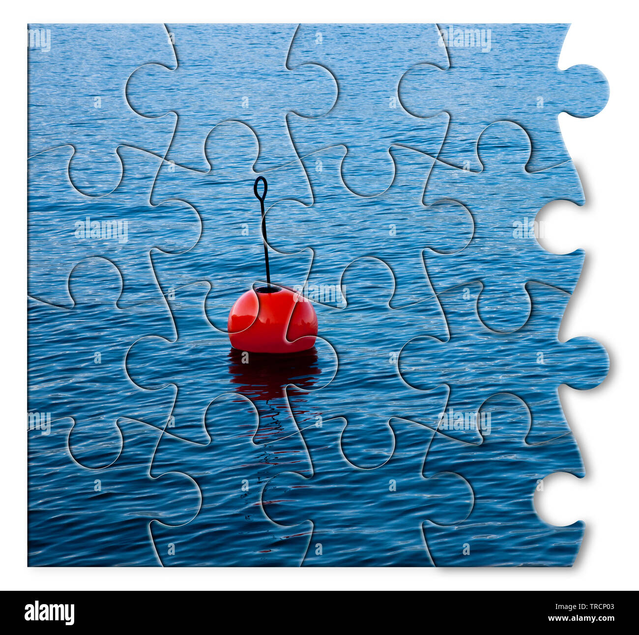 Build your security step by step - Concept image, with red bouy on a calm lake, in jigsaw puzzle shape Stock Photo