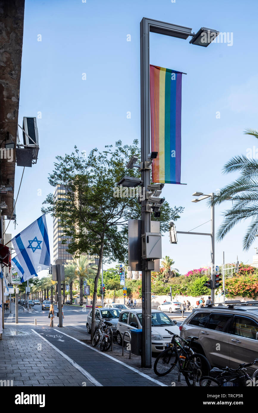 Israel, Tel Aviv-Yafo - 01 June 2019: LGBT pride flag on Shlomo Ibn Gabirol Street in central Tel Aviv Stock Photo